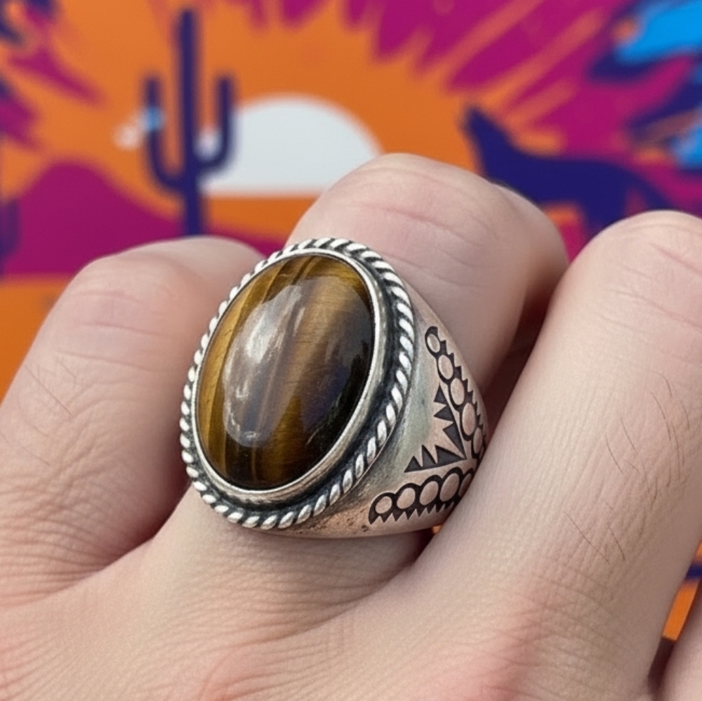 signed GCOI Mexican Mexico sterling silver tiger's eye ring size 11 Vint…